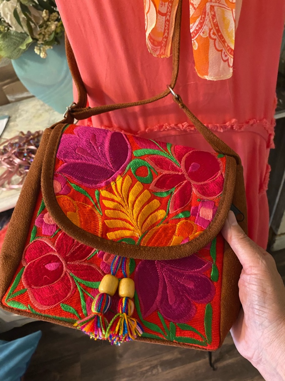 Hand-Embroidered Floral Crossbody Bag in Pink & Orange - Picture 8 of 10